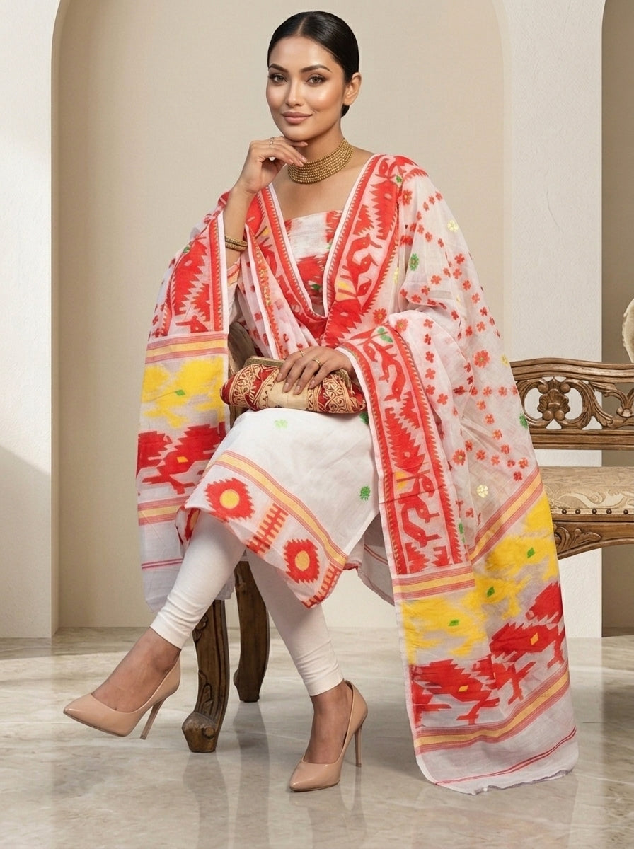 Bhorer Alo Cotton Jamdani Unstitched Dress Material (Kurti Piece and Dupatta)