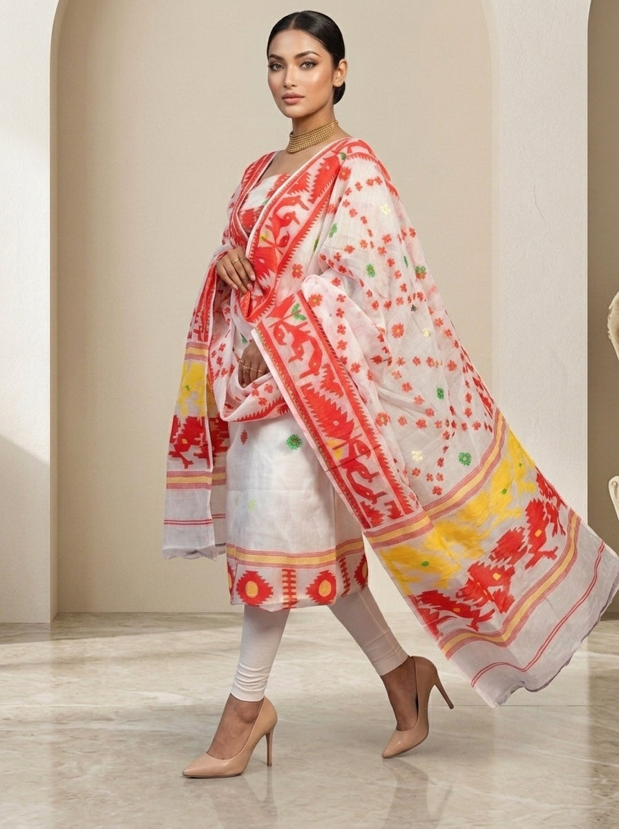 Bhorer Alo Cotton Jamdani Unstitched Dress Material (Kurti Piece and Dupatta)