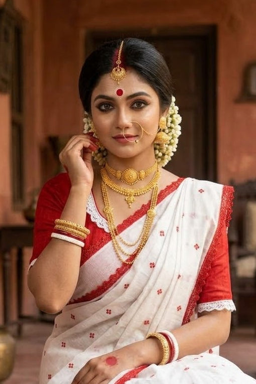 অনন্যা Ananya Bengal Jamdani Saree (White& Red)