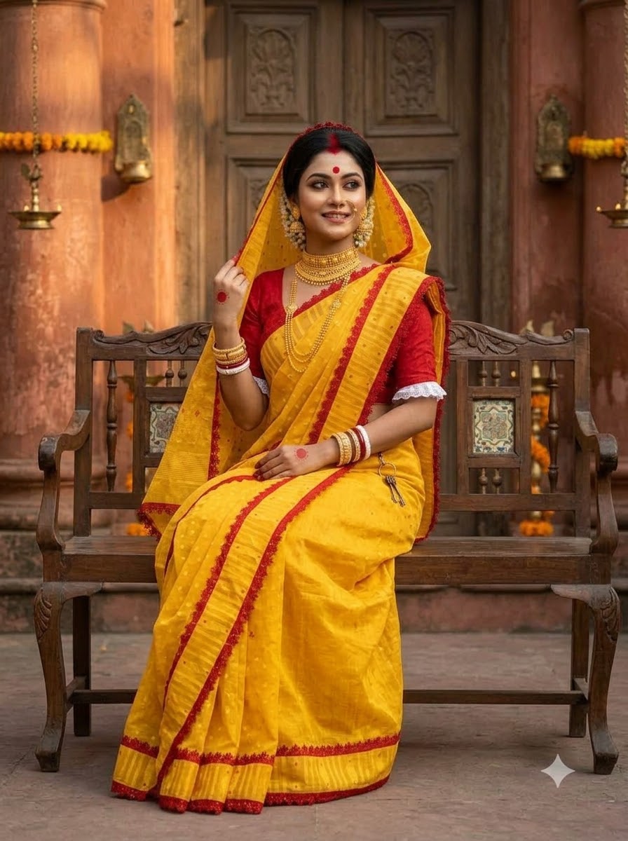 অনন্যা Ananya Bengal Jamdani Saree (Yellow& Red)