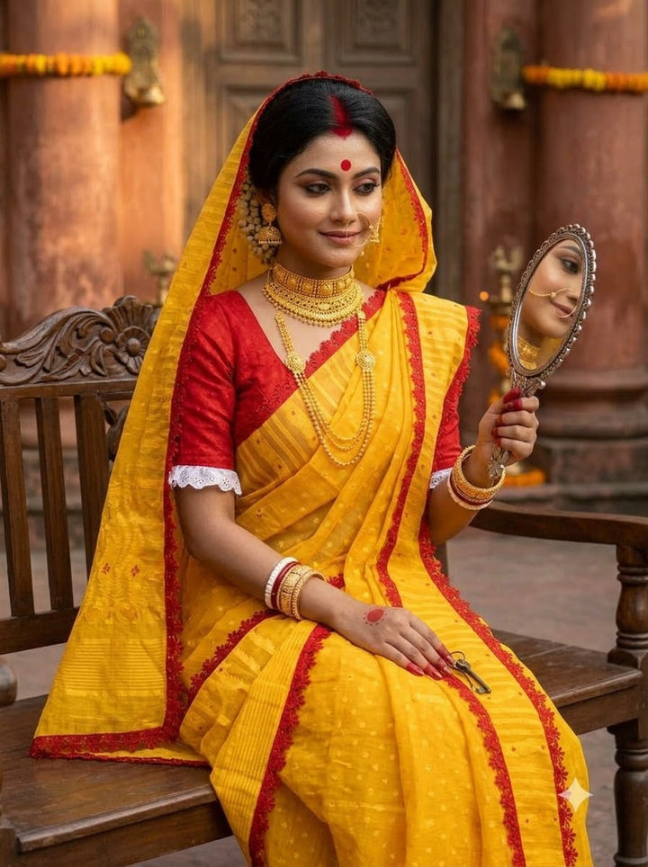 অনন্যা Ananya Bengal Jamdani Saree (Yellow& Red)