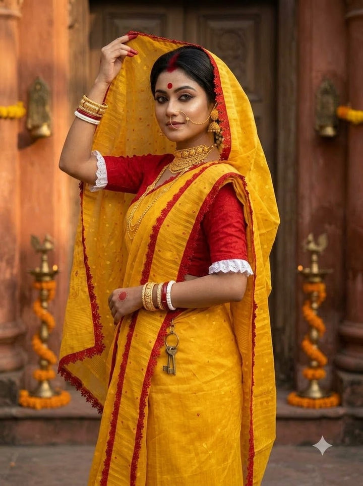 অনন্যা Ananya Bengal Jamdani Saree (Yellow& Red)