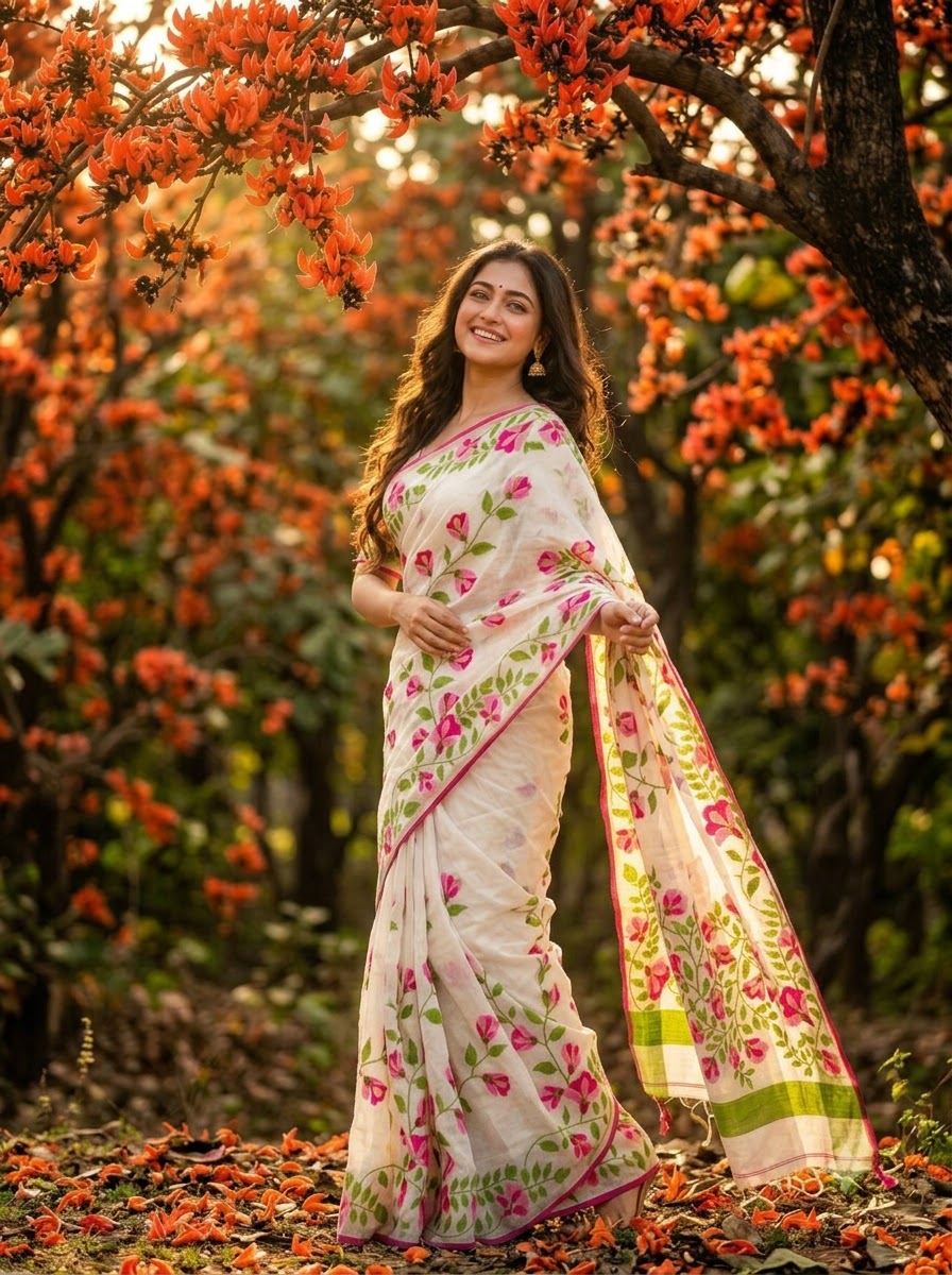 Rongmala – Multicolor Floral Woven Cotton Silk Saree 🌸✨