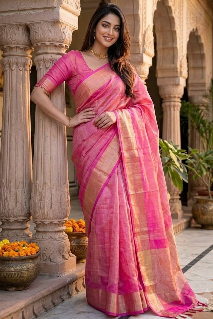 Pure Handwoven Tissue Linen Saree(Pink)
