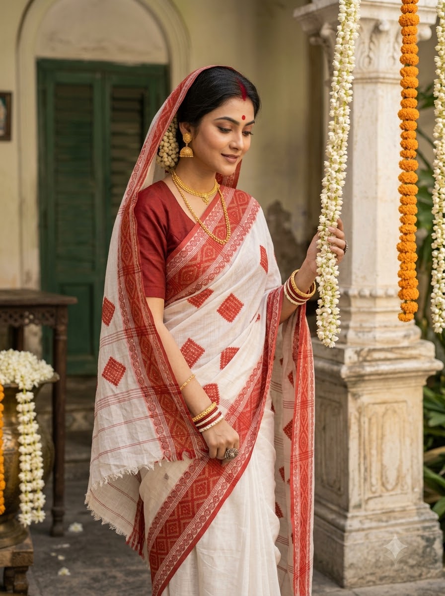Ashtami Tangail Tant Cotton Saree (Barfi Design)