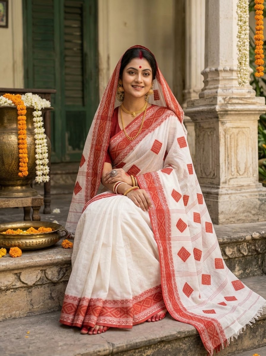 Ashtami Tangail Tant Cotton Saree (Barfi Design)