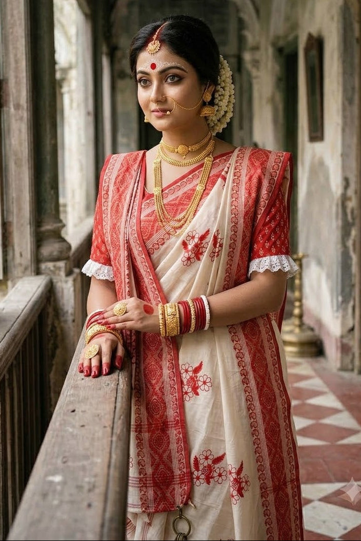 Ashtami Tangail Tant Cotton Saree(Flower Bouquet Embroidery)