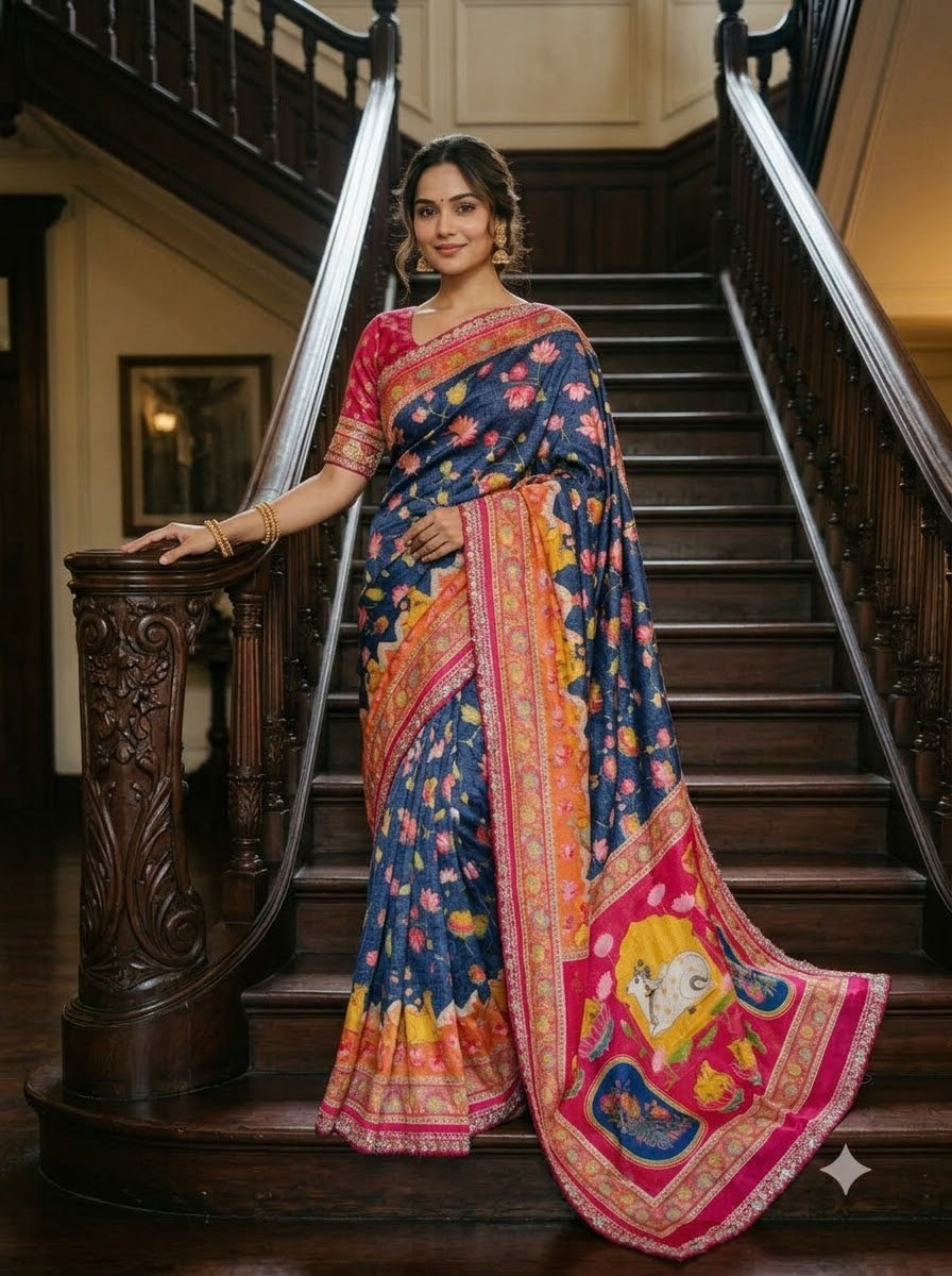 ✨ Madhabh Maya Premium Soft Dola Crepe Kalamkari Silk Saree ✨