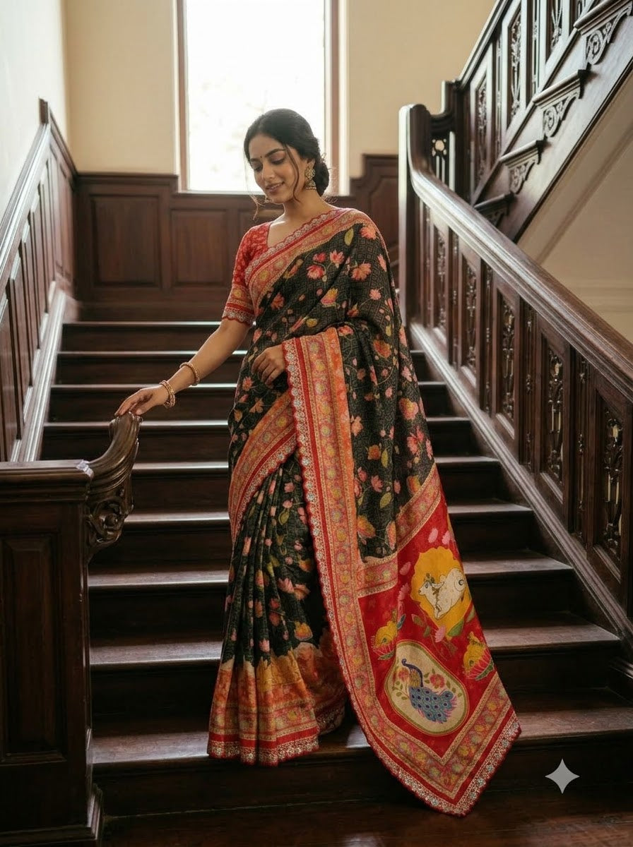 ✨ Madhabh Maya Premium Soft Dola Crepe Kalamkari Silk Saree ✨
