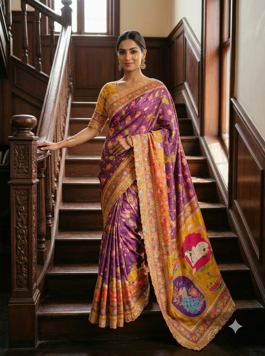 ✨ Madhabh Maya Premium Soft Dola Crepe Kalamkari Silk Saree ✨