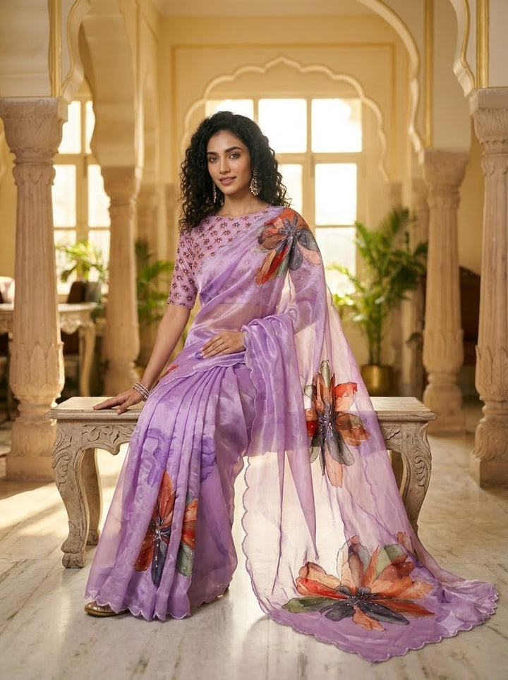 Noore Luxe – Premium Fendy Satin Digital Print Saree with Intricate Handwork