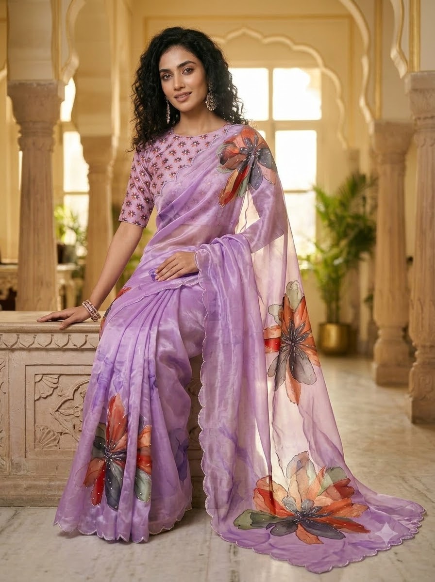 Noore Luxe – Premium Fendy Satin Digital Print Saree with Intricate Handwork