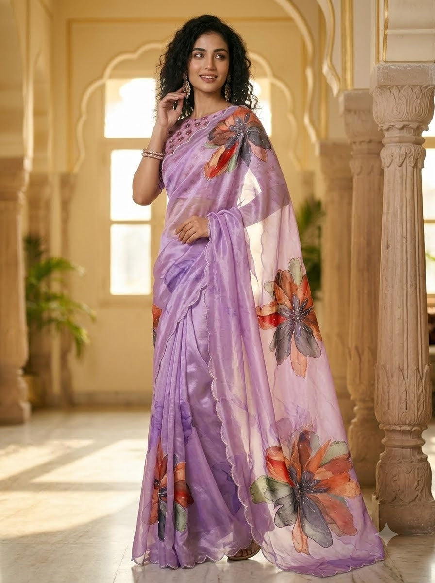 Noore Luxe – Premium Fendy Satin Digital Print Saree with Intricate Handwork