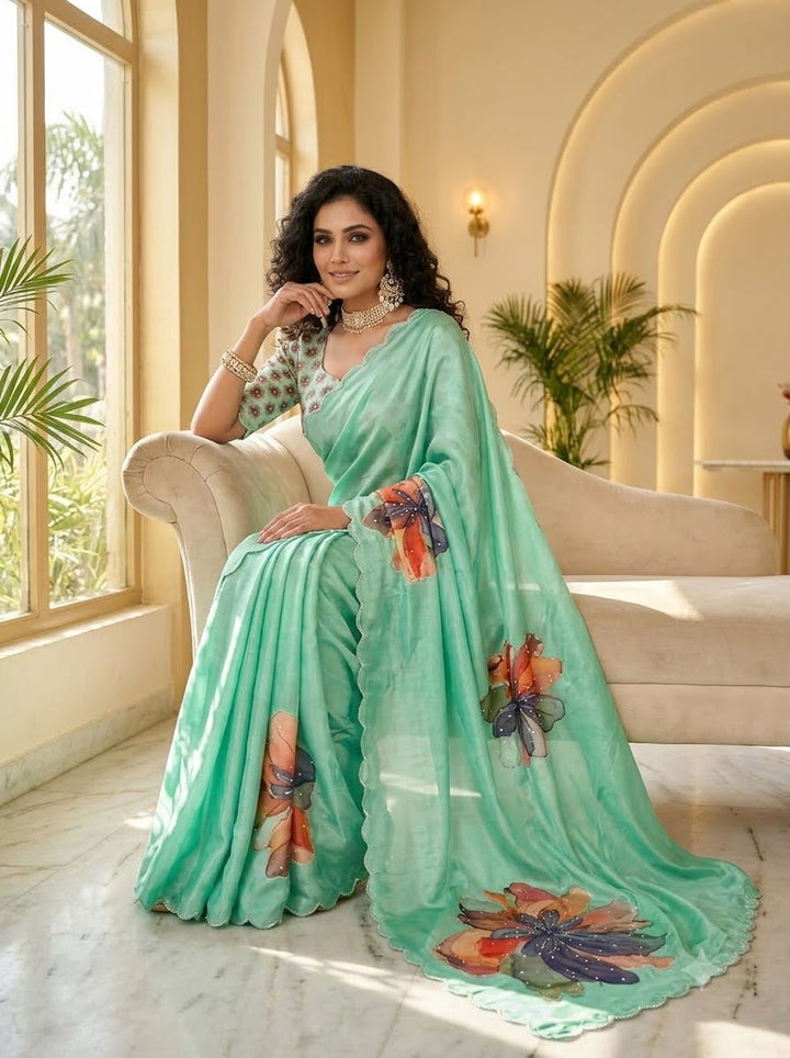 Noore Luxe – Premium Fendy Satin Digital Print Saree with Intricate Handwork