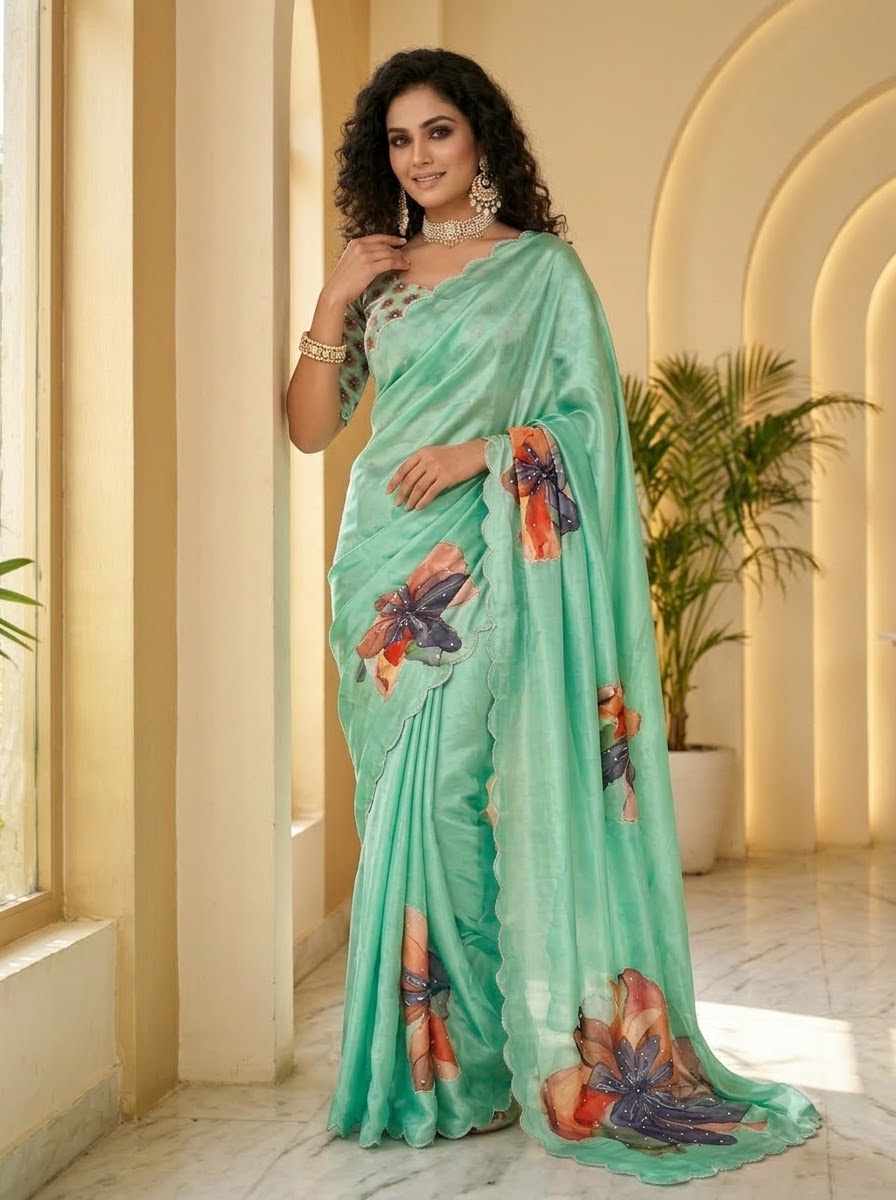 Noore Luxe – Premium Fendy Satin Digital Print Saree with Intricate Handwork