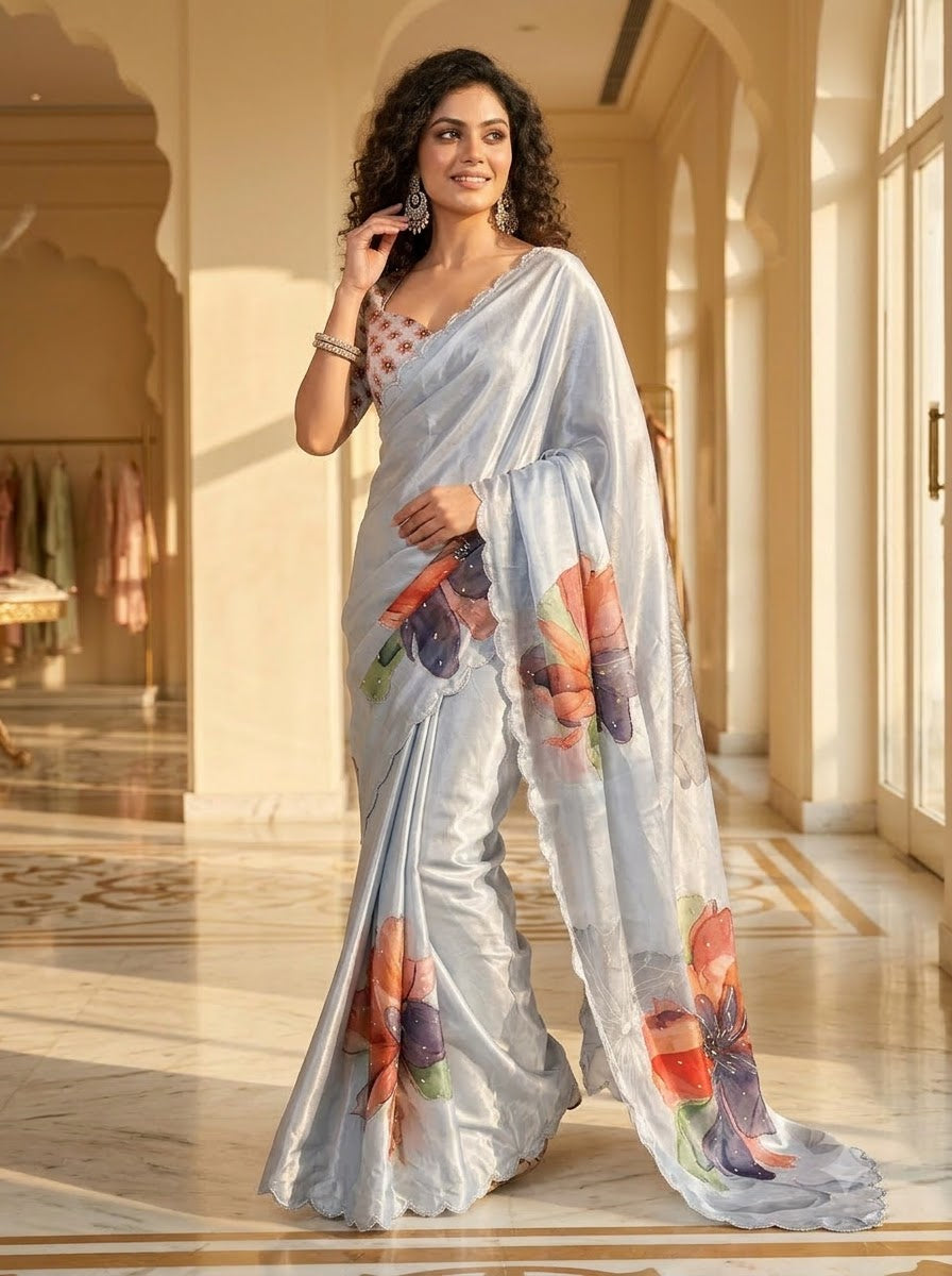 Noore Luxe – Premium Fendy Satin Digital Print Saree with Intricate Handwork