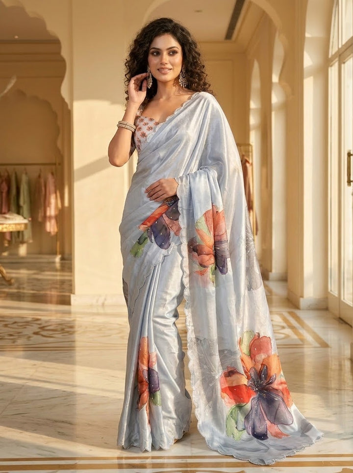 Noore Luxe – Premium Fendy Satin Digital Print Saree with Intricate Handwork
