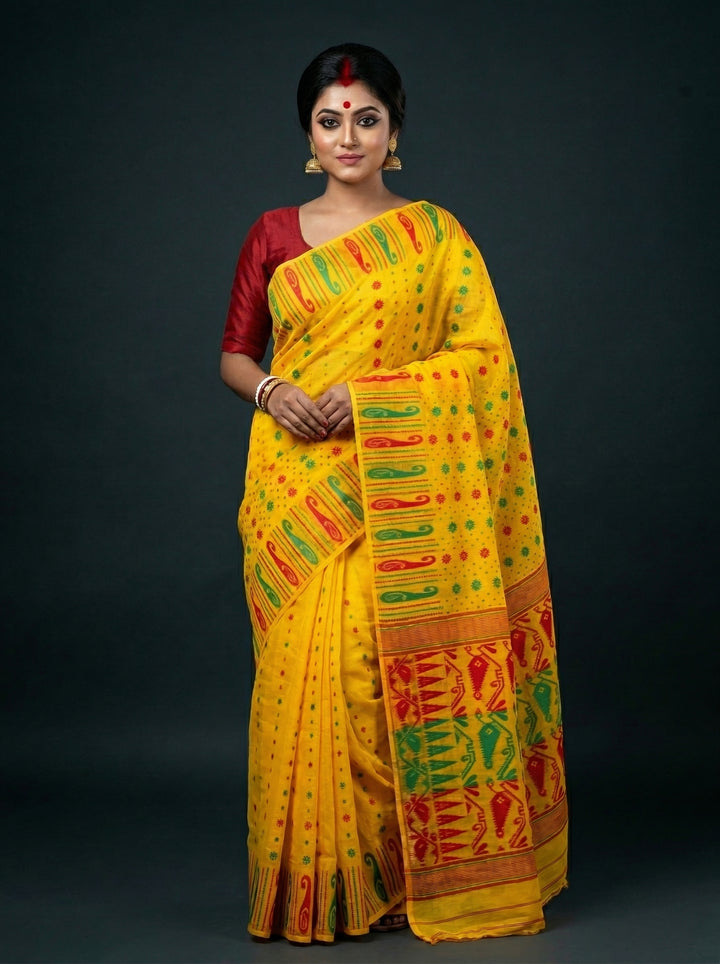 Moner Alo-Bengal Jamdani Saree (Red Green Border)