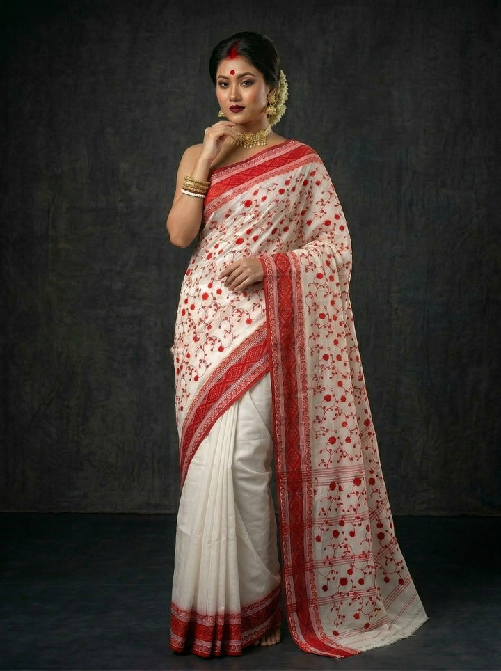 Ashtami Tangail Tant Cotton Saree(Floral Embroidery)