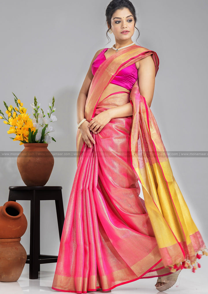 Rose Petal- Pure Handwoven Tissue Linen Saree