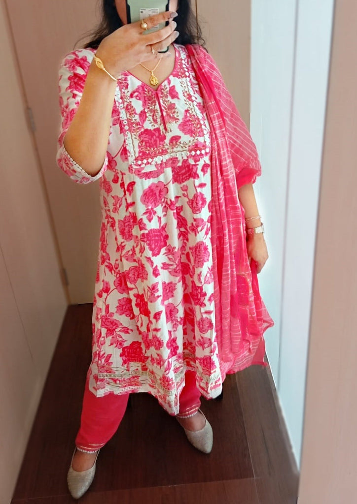 Rose Pink Floral Print Rayon Kurti Set