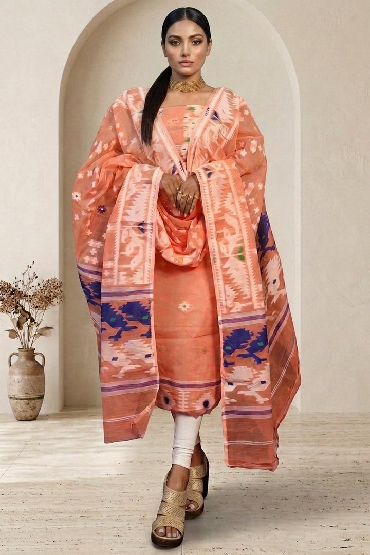 Bhorer Alo Cotton Jamdani Unstitched Dress Material (Kurti Piece and Dupatta)