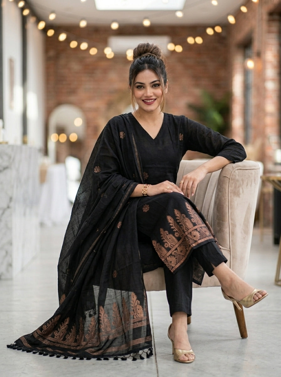 Gilded Charcoal Cotton Kurti Set