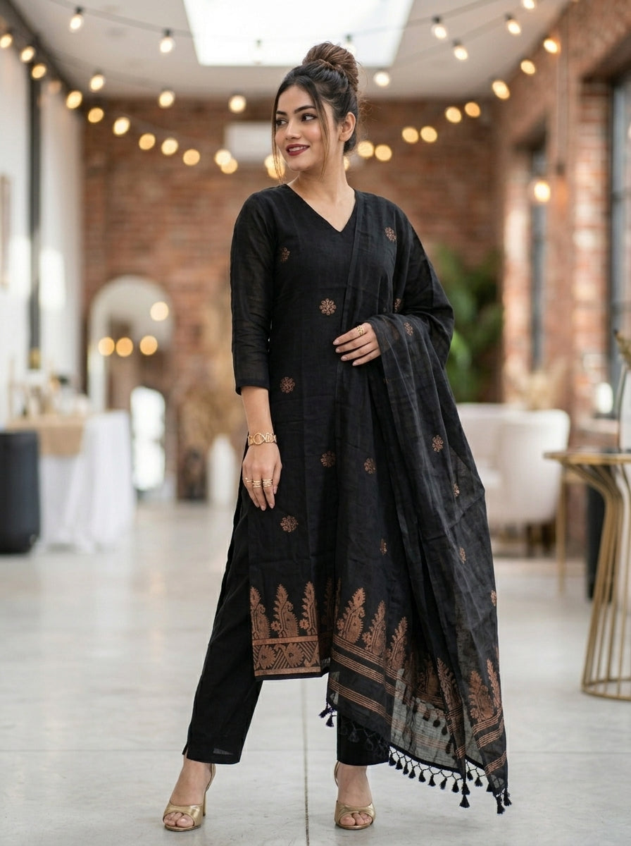 Gilded Charcoal Cotton Kurti Set