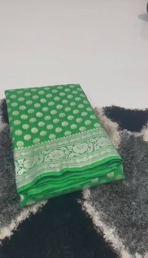 Dark Green Banarasi Semi Katan Saree