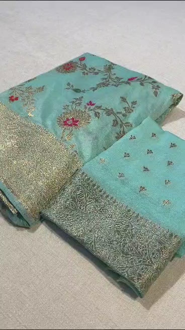 Avid Love - A Beautiful Floral Banarasi Saree (Mint)