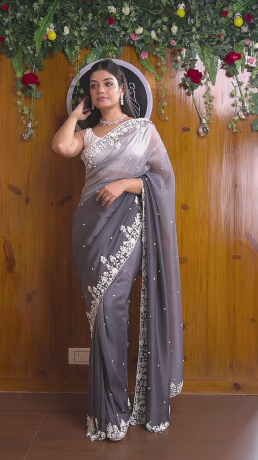 Ombre Color Party Wear Handwok (Nostalgic Gray )Saree