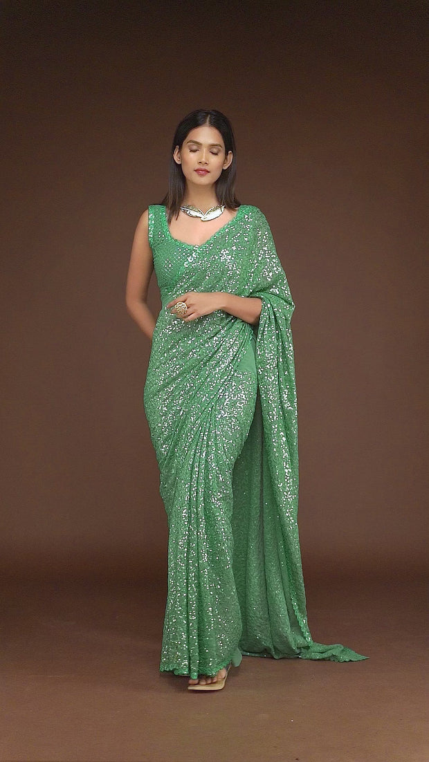 Bottle Green Sequin Saree – HouseOfAnupama