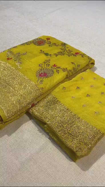 Avid Love - A Beautiful Floral Banarasi Saree (yellow)