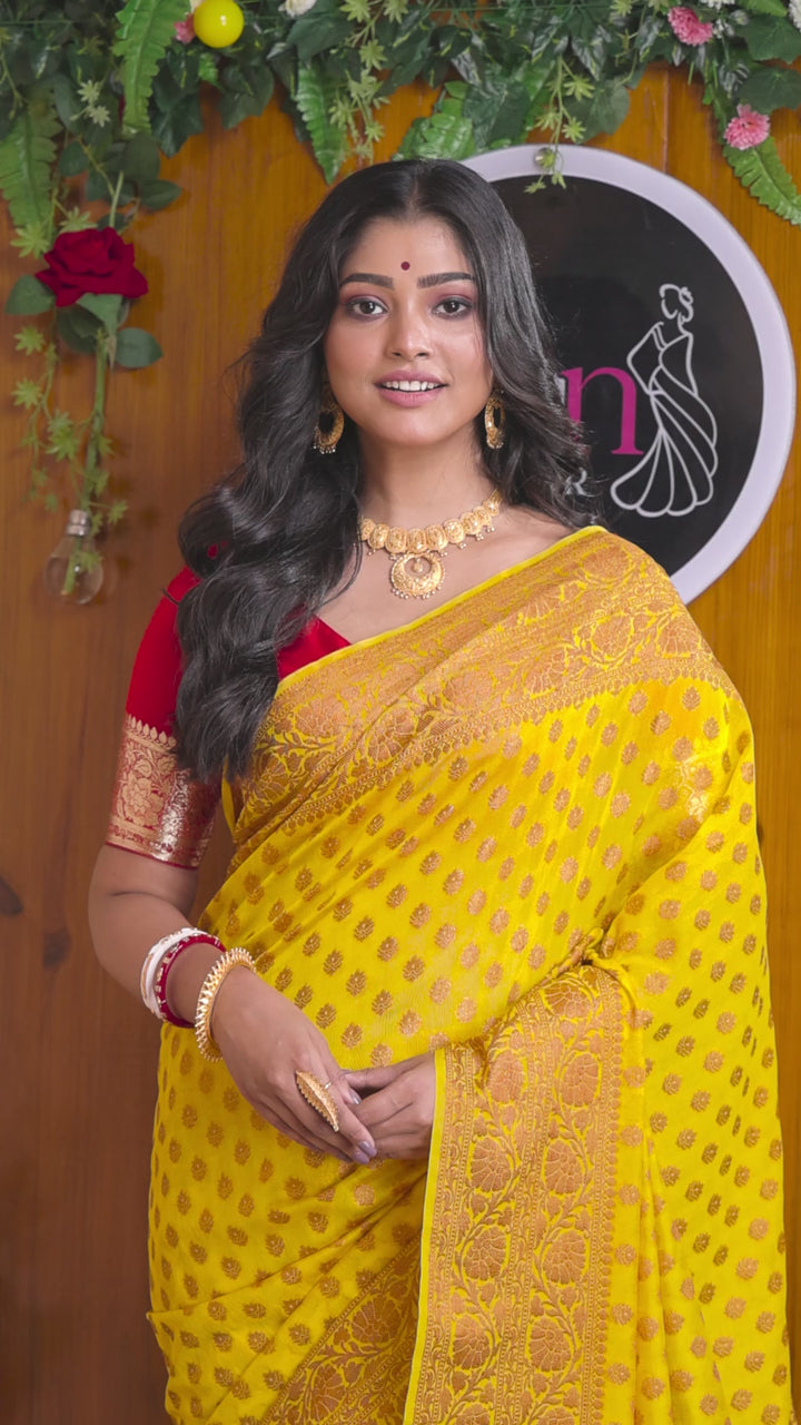 Precious and Mine Lemon Semi Khaddi Georgette Banarasi Saree