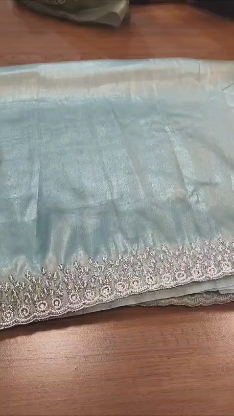 Mingle With Single Color Tissue Organza Saree(Powder Green)