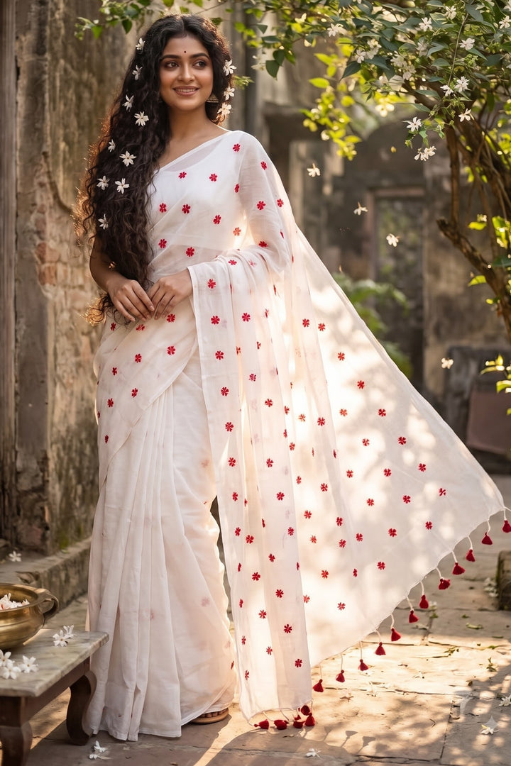 Kheya - Shiuli(Jasmine) Embroidered Khadi Saree