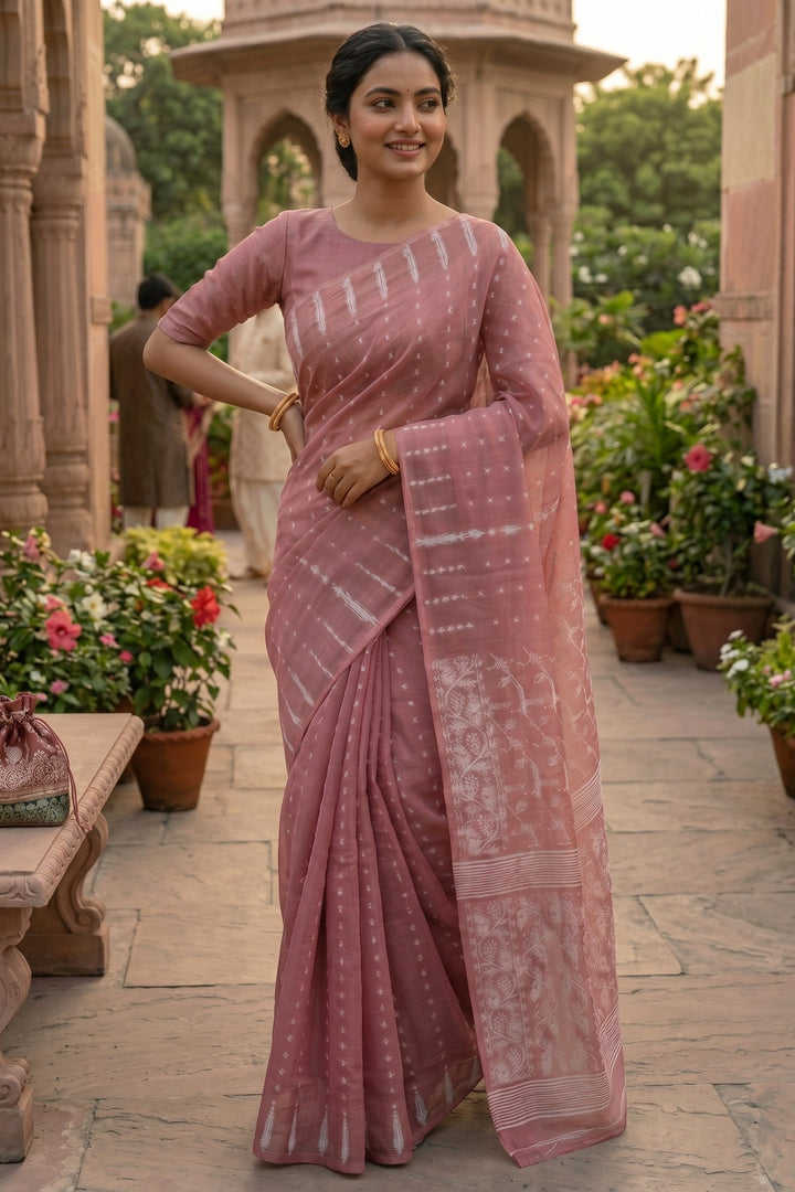 Shatarupa Bengal Jamdani Saree (Dusty Rose pink)