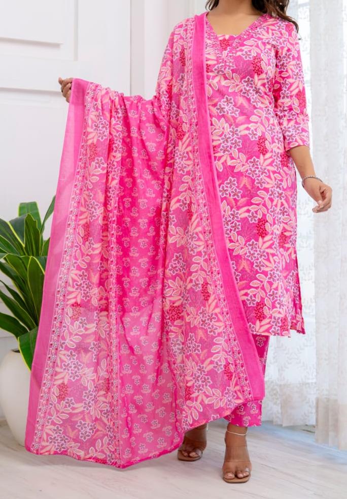 Pink Memories Cotton Kurti Set