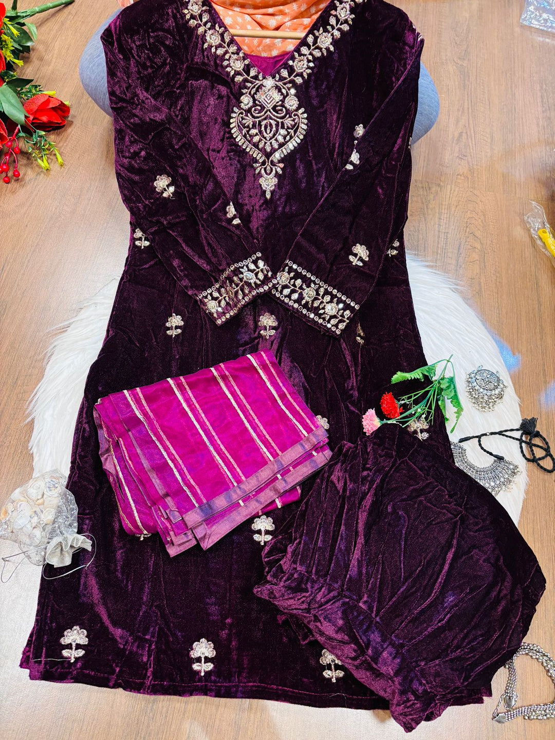 Santa Nights Designer Velvet Sharara Set