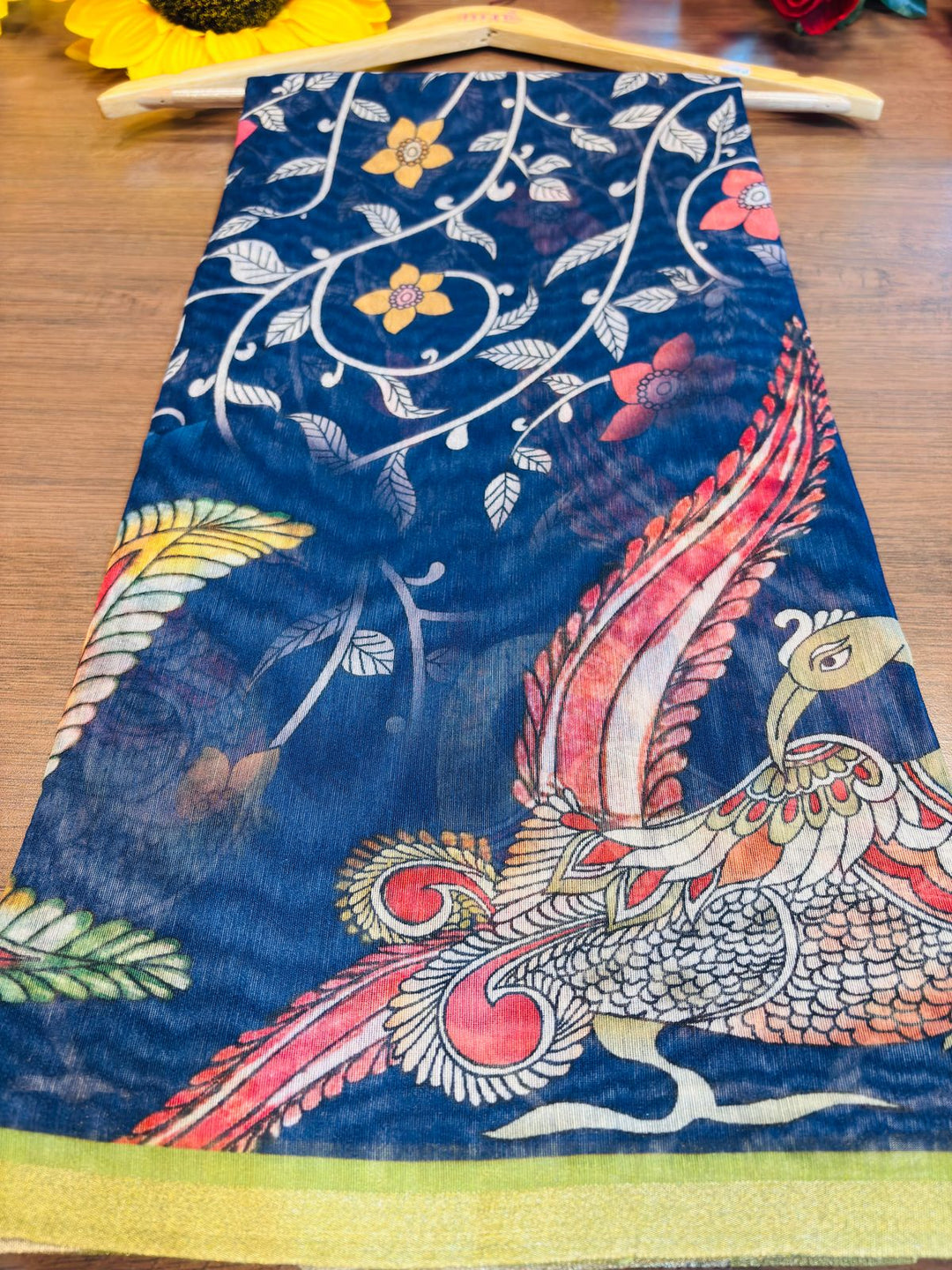 Happiness Every Day Kalamkari Printed Fancy Linen Saree
