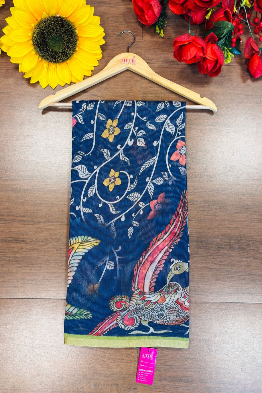 Happiness Every Day Kalamkari Printed Fancy Linen Saree