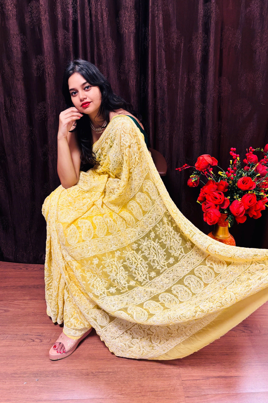 Elegance in Thread: Georgette Full Chikankari Saree – Monamaar