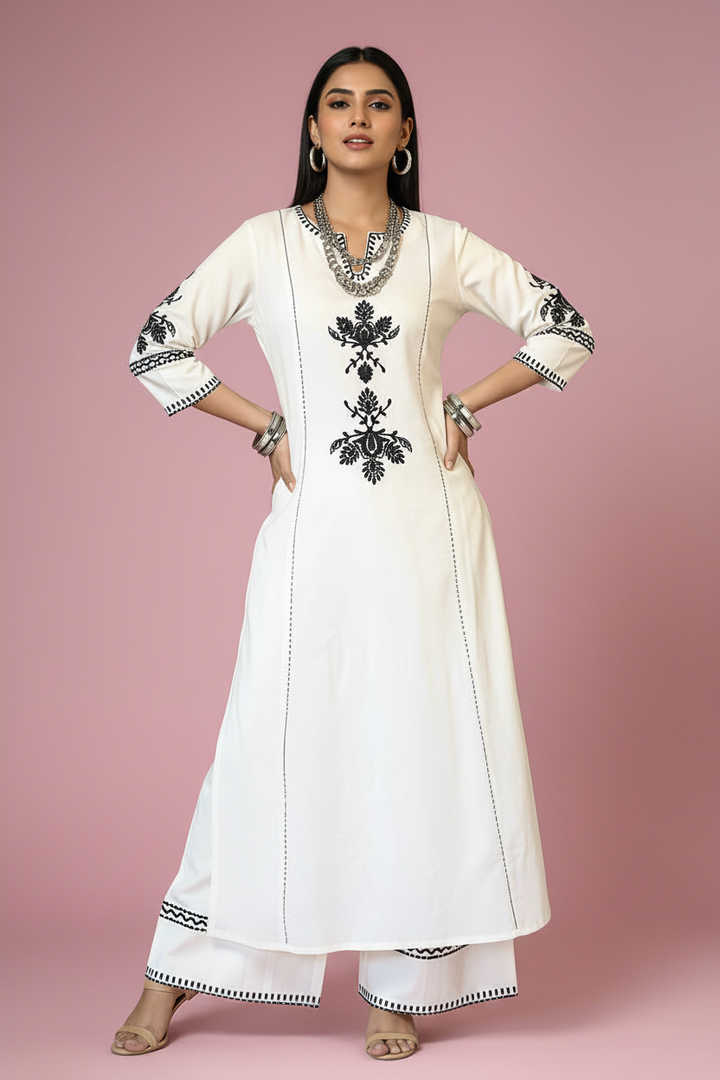 White Basant Cotton Kurti Set