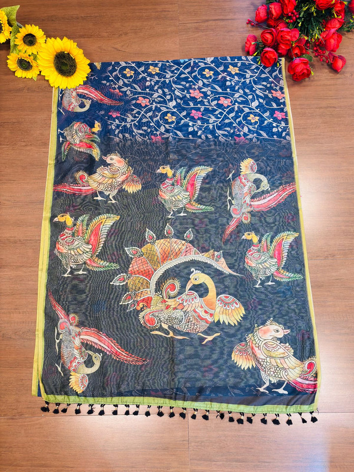Happiness Every Day Kalamkari Printed Fancy Linen Saree