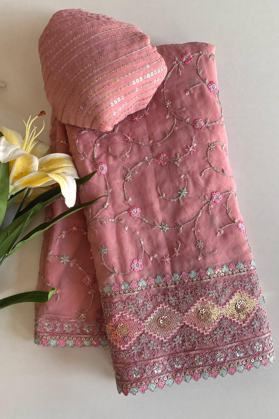 Every Canvas Is A Journey Designer Pink Georgette Saree