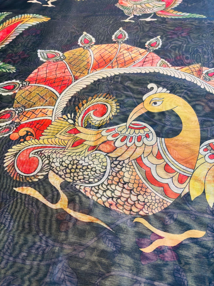Happiness Every Day Kalamkari Printed Fancy Linen Saree