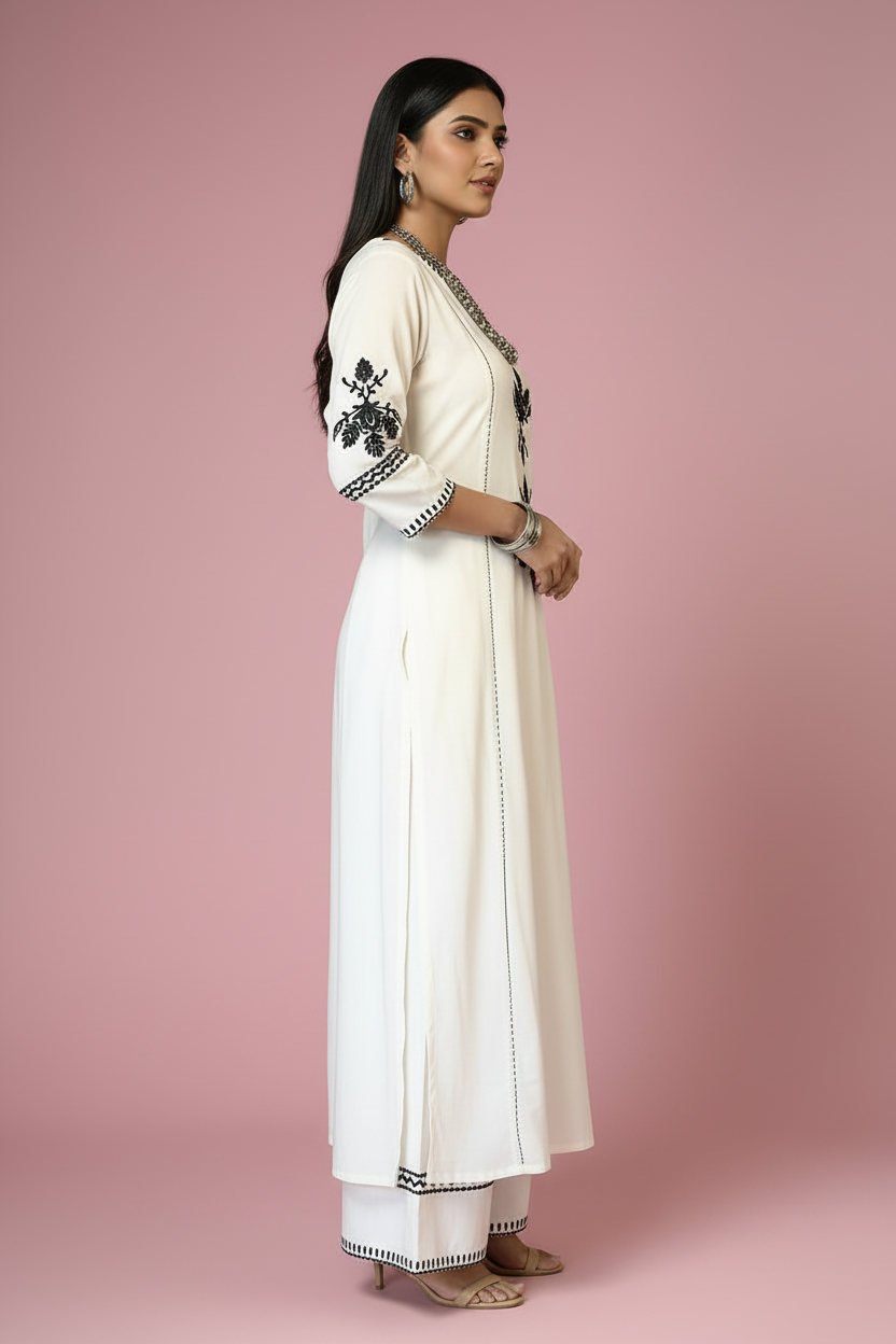 White Basant Cotton Kurti Set