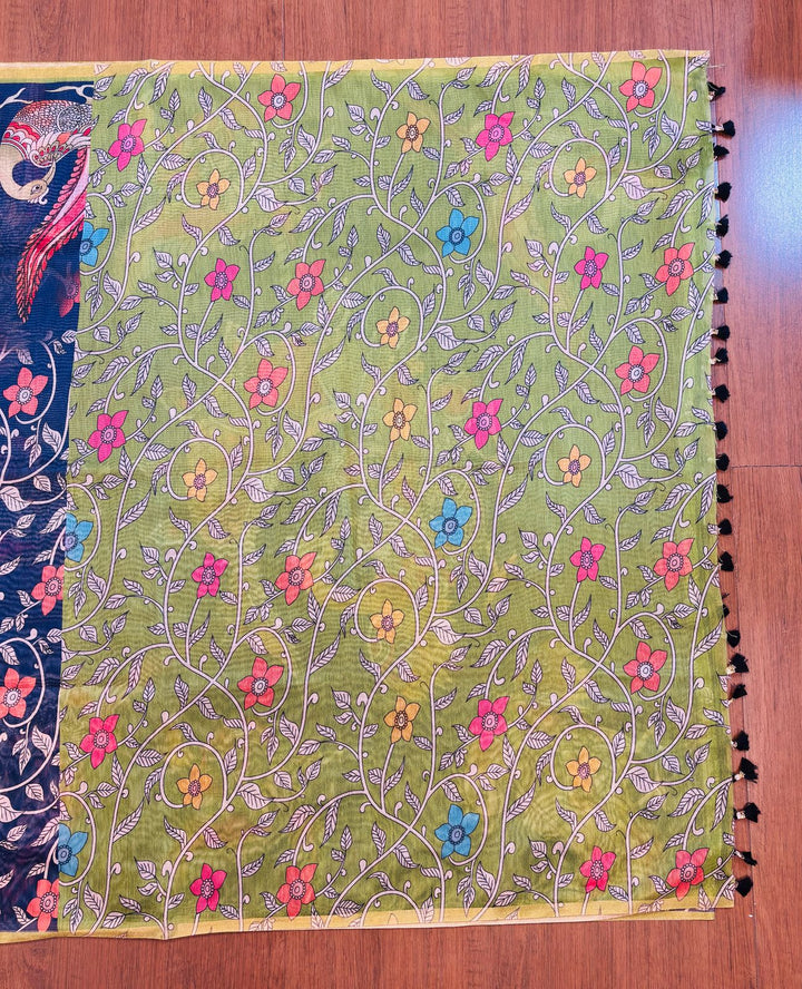 Happiness Every Day Kalamkari Printed Fancy Linen Saree