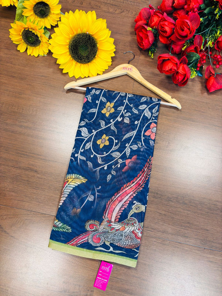 Happiness Every Day Kalamkari Printed Fancy Linen Saree