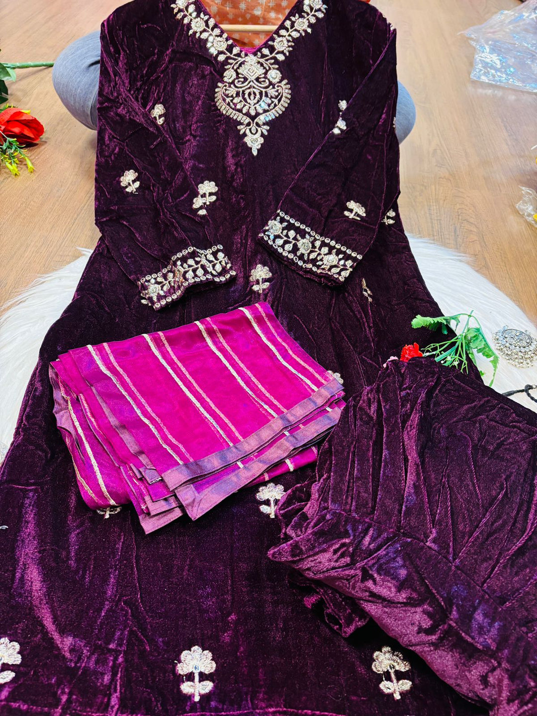 Santa Nights Designer Velvet Sharara Set